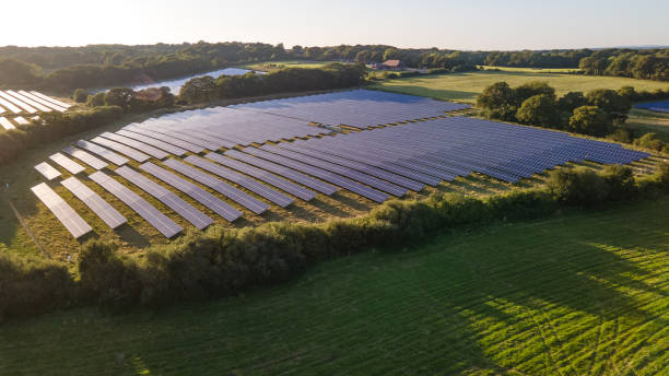 luftaufnahme des solarpanels im solarpark bei abendsonne. - solar panel solar power station sun solar energy stock-fotos und bilder