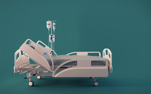Side view of hospital bed isolated on blue background.Concept for insurance.3d rendering