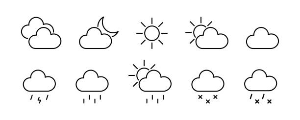 날씨 아이콘 컬렉션입니다. 태양, 비, 눈, 번개, 구름 meteo 요소 - thunderstorm rain sun lightning stock illustrations