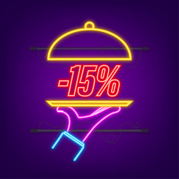 illustrazioni stock, clip art, cartoni animati e icone di tendenza di vassoio a mano - 15 percento di sconto, ottimo design per qualsiasi scopo. stile neon. sfondo vettoriale. oggetto isolato. - 16243