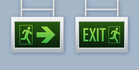 Emergency exit sign. Protection symbol. Fire icon. Vector stock illustration