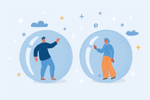 istock Vector illustration of Social distancing, coronavirus quarantine, young female character isolated in soap bubble 1367038967