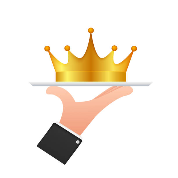 krone des königs hängt über der hand mit tablett isoliert auf weißem hintergrund. goldene königliche ikone. vektor-stock-illustration. - 16204 stock-grafiken, -clipart, -cartoons und -symbole