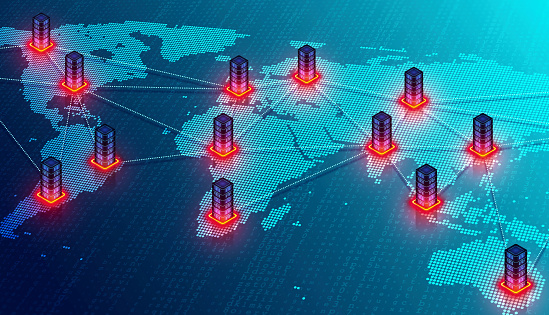 CDN - Content Delivery Network - Content Distribution Network - A Network of Proxy Server and Data Center Locations Distributed Throughout the World - 3D Illustration