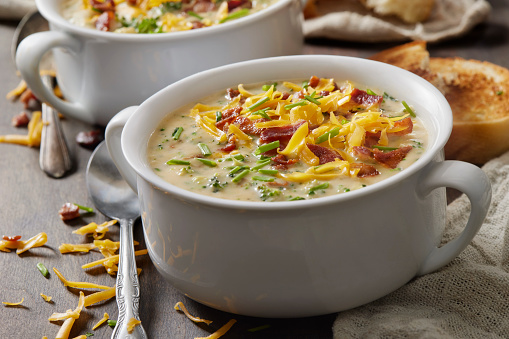 Creamy Broccoli, Cheddar, Bacon Soup with Chives and Toasted French Bread