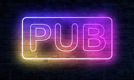 Neon Pub banner with illumination at night on brick wall. 3D Rendering