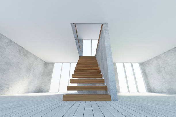 istock Modern Empty Room Interior with Wooden Stairs and Large Windows 1367044612