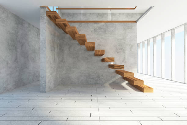 istock Modern Empty Room Interior with Wooden Stairs and Large Windows 1367044613