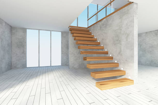istock Modern Empty Room Interior with Wooden Stairs and Large Windows 1367044621
