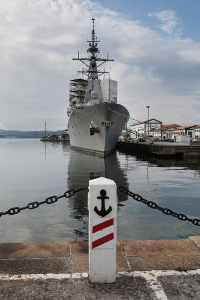 spanish navy ship in the facilities of the military arsenal in the port of ferrol - arsenal stok fotoğraflar ve resimler