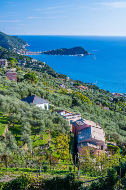 Promontory of Sestri Levante View on the coast between Lavagna and Sestri Levante, seen from Santa Giulia lavagna stock pictures, royalty-free photos & images