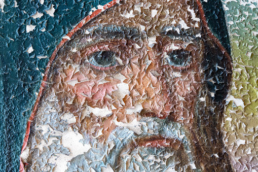 Close-up of Virgin Mary in a Cuzco baroque style paint.