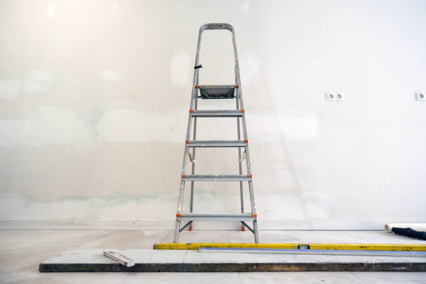 istock Concept redevelopment and renovation: Wide angle view of an empty room in renovation with blank walls and a folding ladder in the middle 1367053050