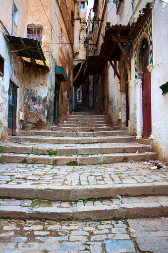 Cobbled streets and steps in the Casbah of Algiers.