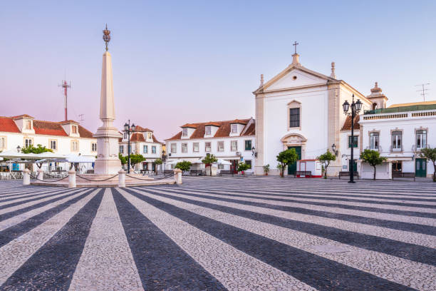 Beautiful sunrise view of Marquis of Pombal Square in Vila Real de Santo António, Algarve, Portugal. stock photo