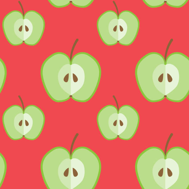 istock Apple seamless pattern. Green apples cut on red background. Juicy fresh fruit, healthy natural vegetarian food, health care 1367055197