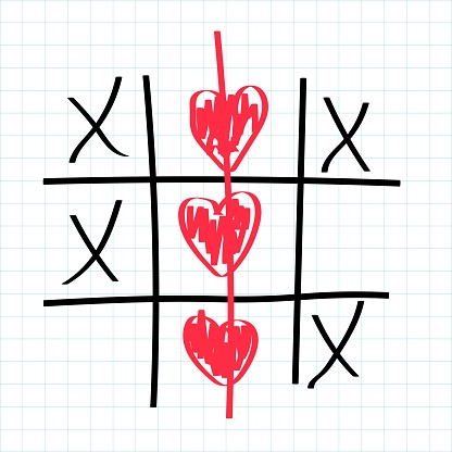 Valentines Day tic tac xo game with red hearts drawing by highlighter. Vector illustration