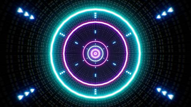 istock Blue Arrow Shaped Lamp and Circle Lights in Tunnel 1367060324