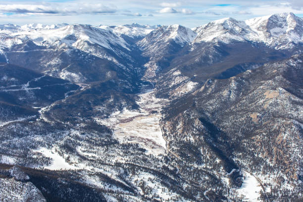 Aerial view of Rocky Mountain National Park in Winter.
