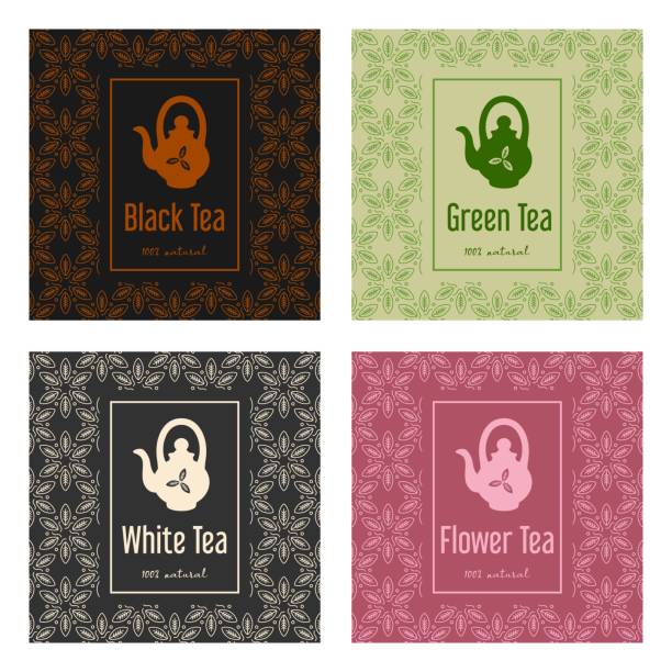 illustrations, cliparts, dessins animés et icônes de ensemble d’illustrations vectorielles d’emballages de thé. feuilles dessinées à la main et icônes de théière. emballage pour thé vert, jasmin, blanc et noir - jasmine tea black tea tea drink