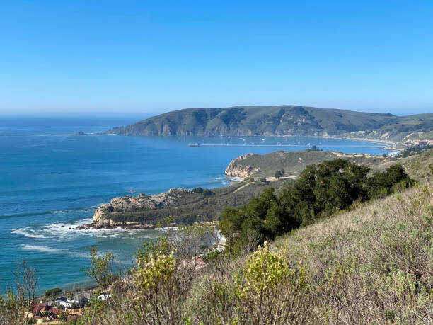 Looking down from mountain top at San Luis Obispo Bay, Pirates Cove, and Shell Beach California. stock photo
