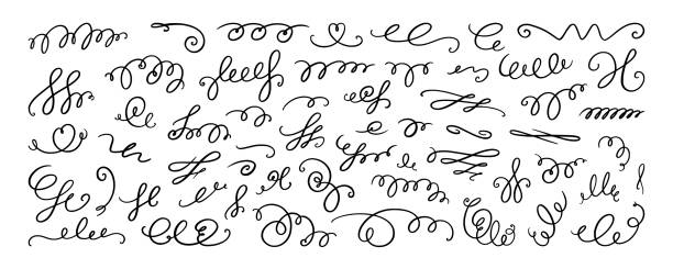 ilustrações, clipart, desenhos animados e ícones de squiggle e linhas giratórias. conjunto de redemoinhos caligráficos desenhados à mão. ilustração vetorial - underline scroll shape decoration single line