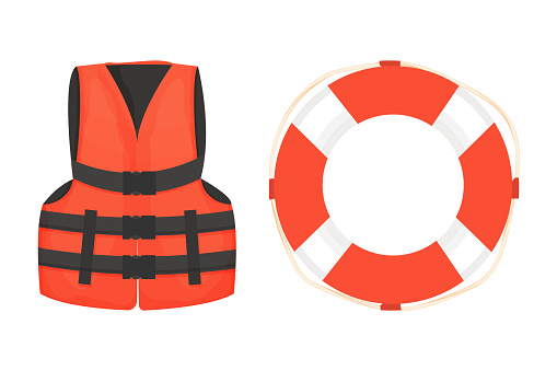 Life jacket and life buoy with rope and belt equipment for safety in cartoon style isolated on white background. . Vector illustration