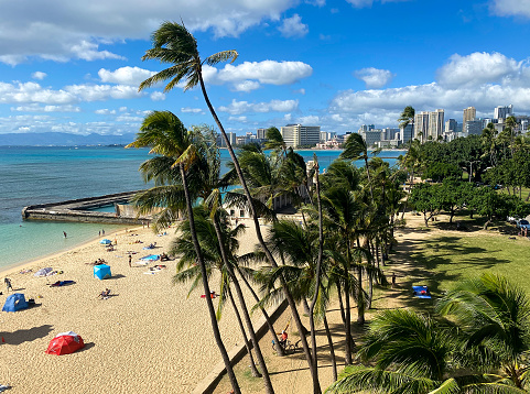 Hotels and palm trees line famous Waikiki Beach on the island of Oahu in Hawaii