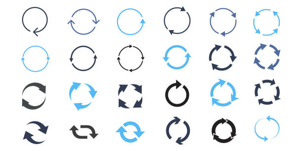 pfeilzeichensymbol aktualisieren neuladen rotationsschleife auf isolierten - kreis stock-grafiken, -clipart, -cartoons und -symbole