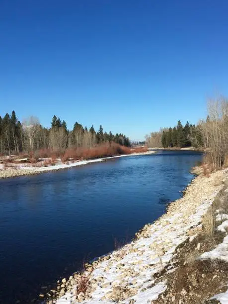 View of the Bitterroot river on a sunny winter day.