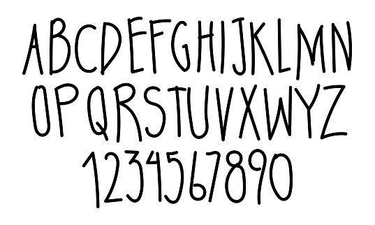 Written alphabet, black ink brush lettering, abc latin alphabet, grunge font style