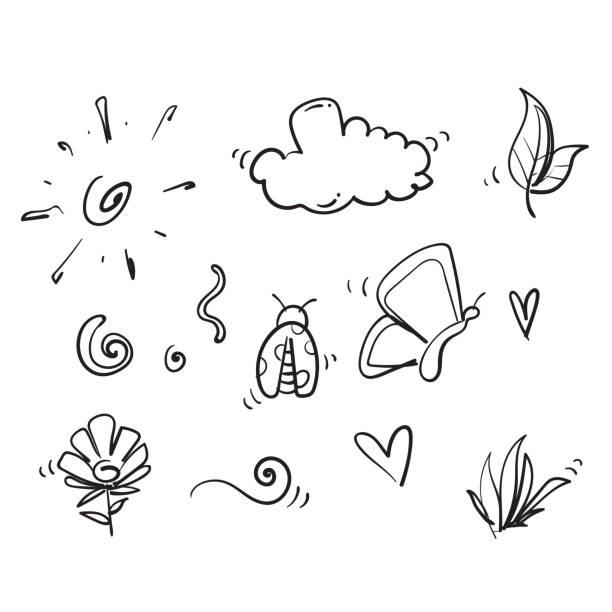 ilustrações, clipart, desenhos animados e ícones de foto desenhada doodle primavera elemento coleção ilustração ícone - tulip field flower cloud