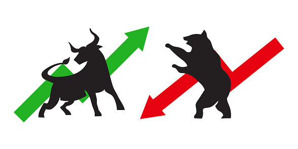 set of bull and bear illustrations. a market sentiment symbolizing the growth and crash. an illustration collection for market updates.