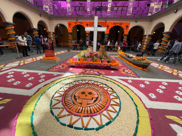 traditional altar or offering for the dead in dia de muertos, in mexico - people cemetery church urban scene imagens e fotografias de stock