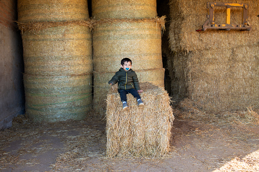 Portrait of a child sitting on a straw bale