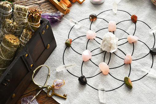 A top view image of a crystal healing grid using a clear quartz crystal with rose quartz and white sage smudge bundles.