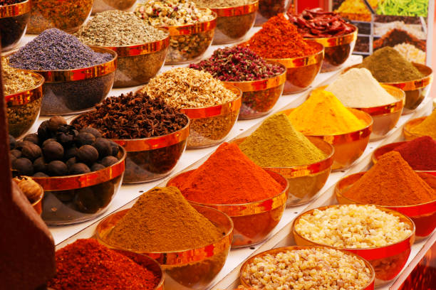 arabian spice and herbs market stall with wide selections arabian spice and herbs market stall with wide selections souk stock pictures, royalty-free photos & images