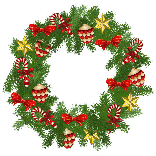 istock Christmas wreath with fir branches, decorated with cones and various toys, candy canes. Vector illustration 1367081942