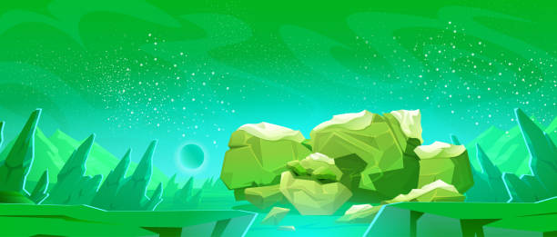 ilustrações de stock, clip art, desenhos animados e ícones de big stone golem sleeping on alien planet surface - alien monster green futuristic