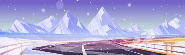 Car overpass road, frozen lake, snow and mountains Car overpass road, frozen lake, snow and mountains on horizon. Vector cartoon illustration of winter landscape with highway bridge, ice on river, white rocks and snowfall snow storm city stock illustrations