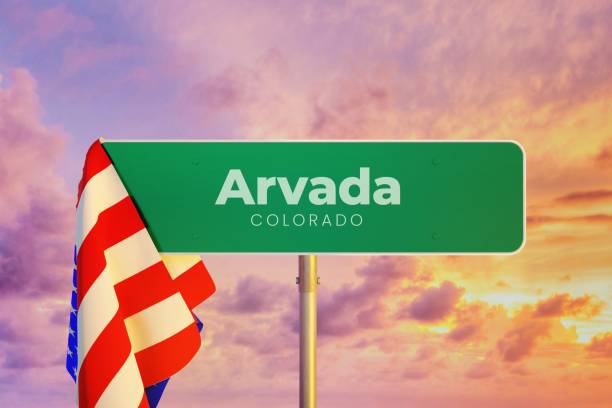 Arvada/Colorado/USA. Road or City Sign Arvada - Colorado/USA. Road or City Sign. Flag of the united states. Sunset Sky. arcada stock pictures, royalty-free photos & images