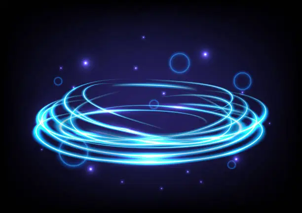 Vector illustration of Blue glowing swirl light effect. Magic abstract frame. Power energy of circular element. Luminous sci-fi. Shining neon lights cosmic. Futuristic swirl universe trail effect