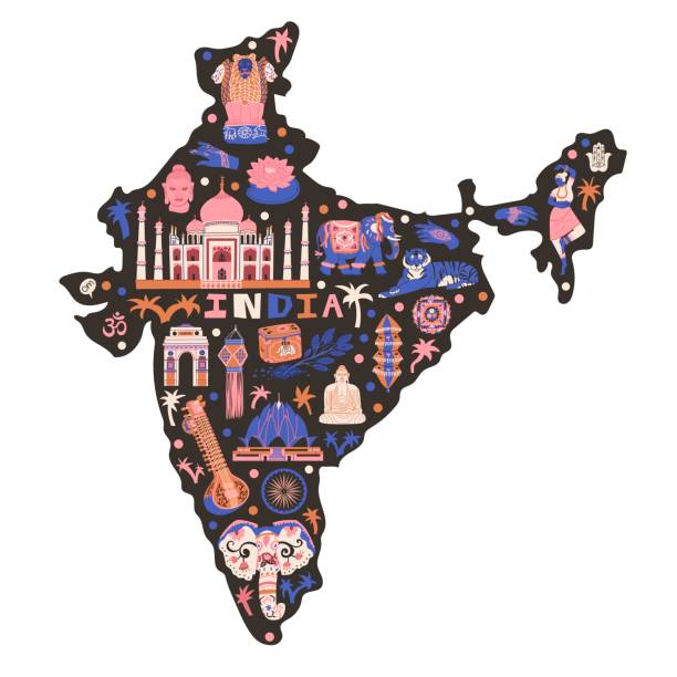 ilustrações de stock, clip art, desenhos animados e ícones de india map. cartoon landmarks, tourist attractions clip arts. asia travel,  infographic poster, banner concept design. taj mahal, lotus, sitar, elephant. flat hand drawn vector illustration. isolated. - lotus mahal