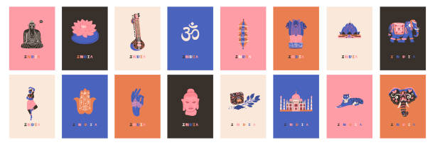 Collection Posters with national Indian elements and Sights mehendi, Buddha, festival elephant, sitar, paper lanterns, Taj Mahal, tea, lotus, Hamsa hand. Flat style Vector illustration Collection Posters with national Indian elements and Sights mehendi, Buddha, festival elephant, sitar, paper lanterns, Taj Mahal, tea, lotus, Hamsa hand. Flat style Vector illustration. buddha icon stock illustrations