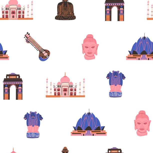 ilustrações, clipart, desenhos animados e ícones de padrão sem emendas com elementos indianos nacionais e pontos turísticos mehendi, buda, elefante do festival, cítara, lanternas de papel, taj mahal, chá, lótus, mão hamsa, arco triunfal. - lotus mahal