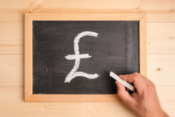 istock A man's hand draws a pound sterling symbol on a chalkboard with white chalk. 1367091767