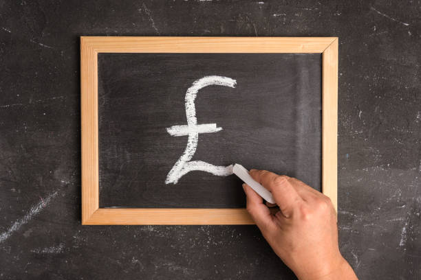 istock A man's hand draws a pound sterling symbol on a chalkboard with white chalk. Top view 1367091768