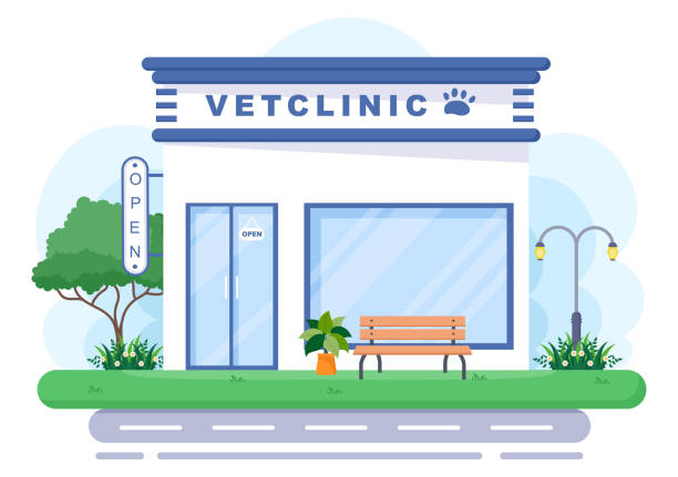 ilustraciones, imágenes clip art, dibujos animados e iconos de stock de médico de la clínica veterinaria examen, vacunación y atención médica para mascotas como perros y gatos en dibujos animados planos ilustración vectorial de fondo para póster o pancarta - clínica veterinaria