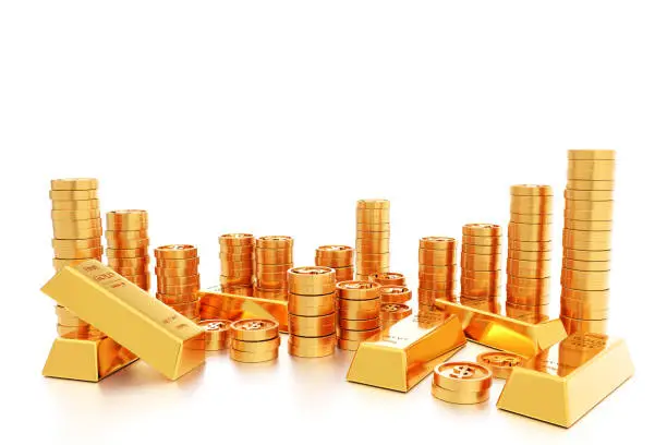 Stack of gold coin and gold bars or gold ingot, banking and financial concept, 3d render