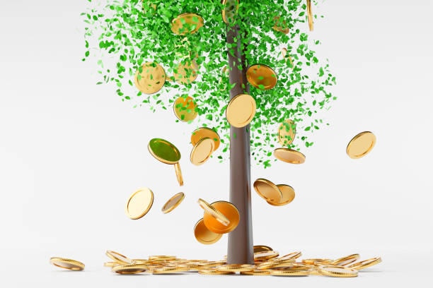 istock Falling coin from tree or leaf coin on the tree, bank saving money concept, 3d render 1367094399